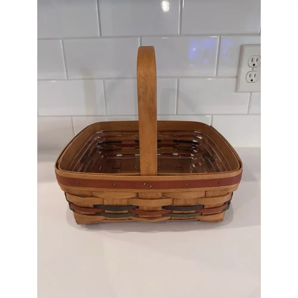 1990 LONGABERGER Square Basket Stationary Handle Blue Green Red Bands 12" - Picture 2 of 8